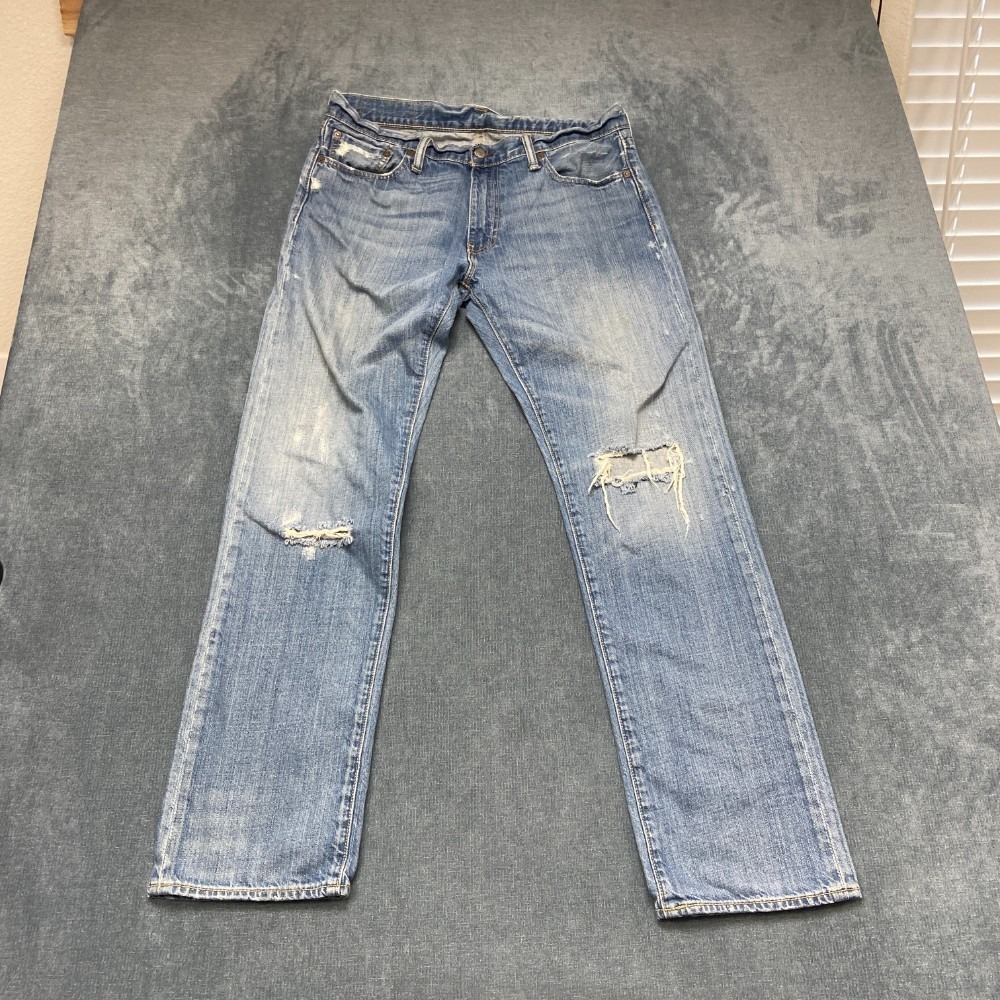 Levi's 504 Jeans Mens 32x34 Blue Denim Cotton Stretch Straight Leg Distressed
